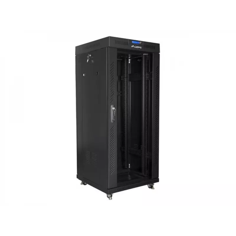 Laisvai pastatomas stovas LANBERG FF01-6627-12BL 19 colių 27U 600x600 mm stiklinėmis durimis, 800 kg talpa