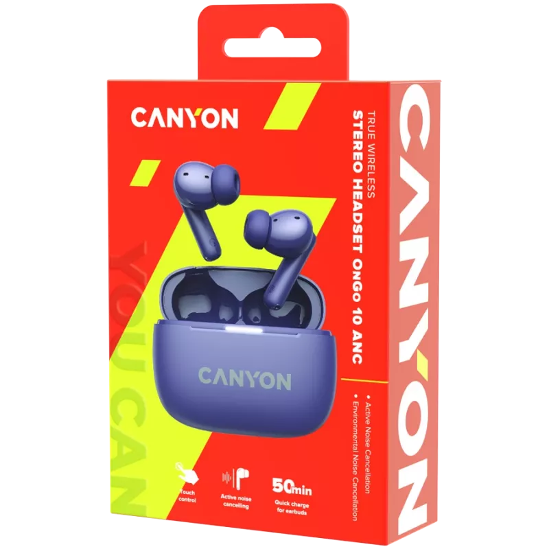 Canyon CNS-TWS10PL Ausinės ir ausinių rinkinys Tikras belaidis stereogarsas (TWS) Į ausį Skambučiai/muzika/sportas/kasdienis naudojimas USB Type-C Bluetooth Violetinė (CNS-TWS10PL)