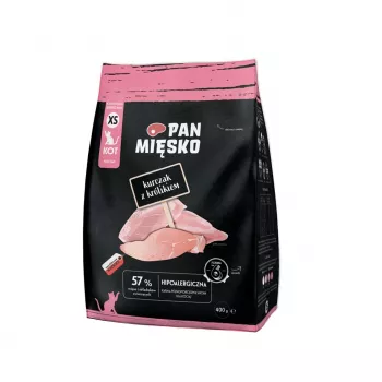 Sausas kačių ėdalas Pan Miesko Vištiena su Triušiu XS 400 g — Junior, Mažų Veislių, 39% Baltymų, 16% Riebalų
