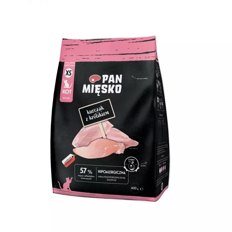 Sausas kačių ėdalas Pan Miesko Vištiena su Triušiu XS 400 g — Junior, Mažų Veislių, 39% Baltymų, 16% Riebalų