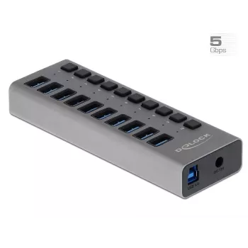 DeLOCK išorinis USB 3.2 Gen 1 10 prievadų šakotuvas su jungikliais, 5 Gbps