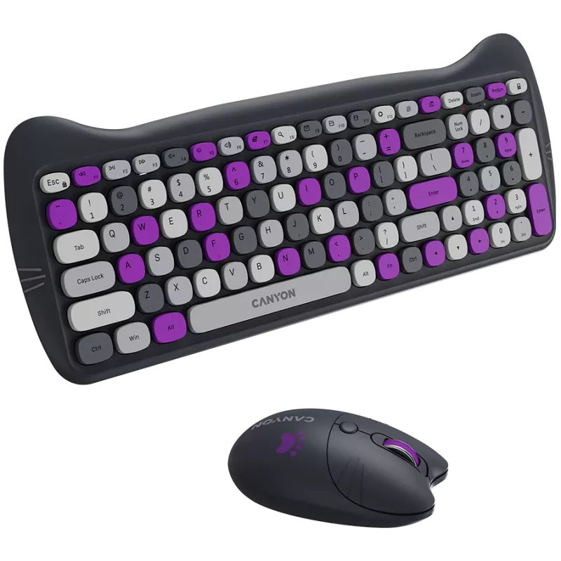 Belaidė klaviatūros ir pelės rinkinys CANYON HSET-W6 Kitty Edition – violetinis