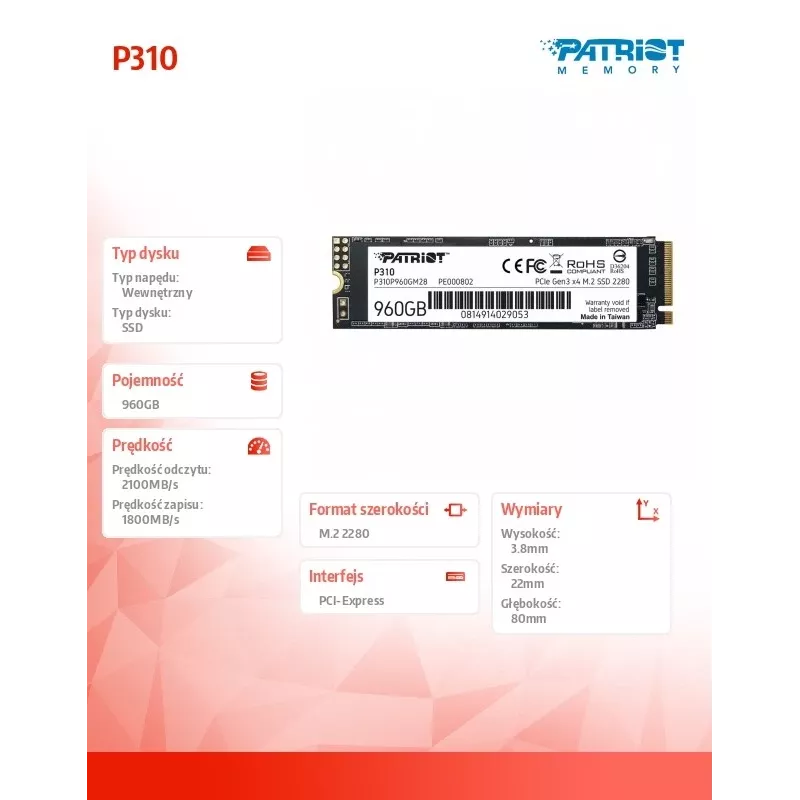 SSD diskas Patriot Memory 960GB M.2 PCI Express 4.0 NVMe P310P960GM28