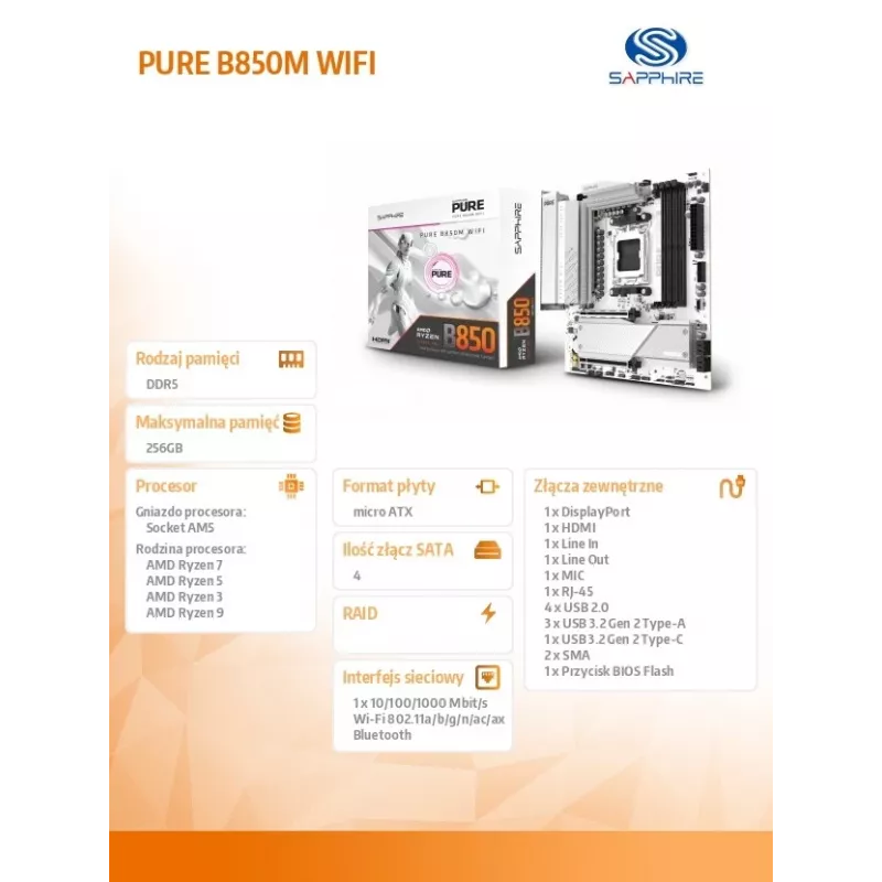 Pagrindinė plokštė Sapphire PURE B850M WIFI Micro ATX — AMD B850, Socket AM5, DDR5 iki 8000 MHz, 4 DIMM, Wi‑Fi 6, 2.5Gb LAN, 2× M.2, PCIe 5.0 x16