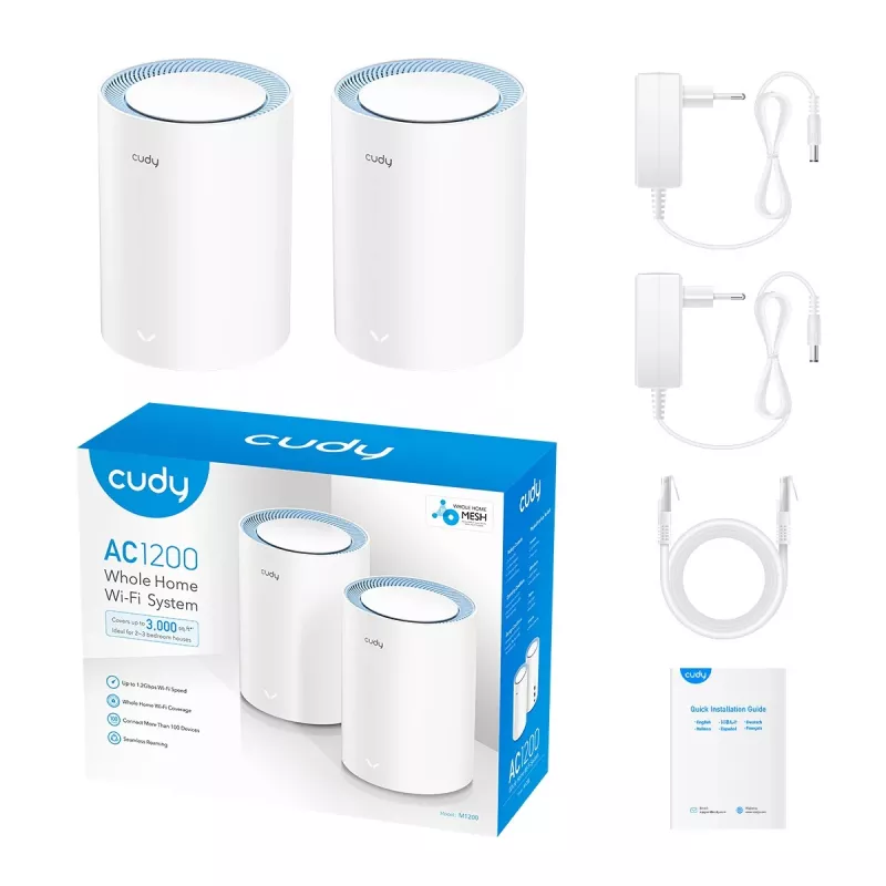 Cudy M1200 2 vnt. belaidžio ryšio tinklo sistema (AC1200, dviejų juostų Wi‑Fi 5, 300/867 Mbps, 1x LAN, iki 100 įrenginių)