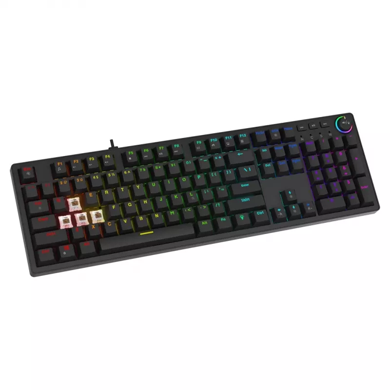 Žaidimų klaviatūra SAVIO STYX BROWN – mechaninė su Outemu Brown jungikliais, QZERTY US International, RGB, USB, pilno dydžio 104 klavišai, juoda