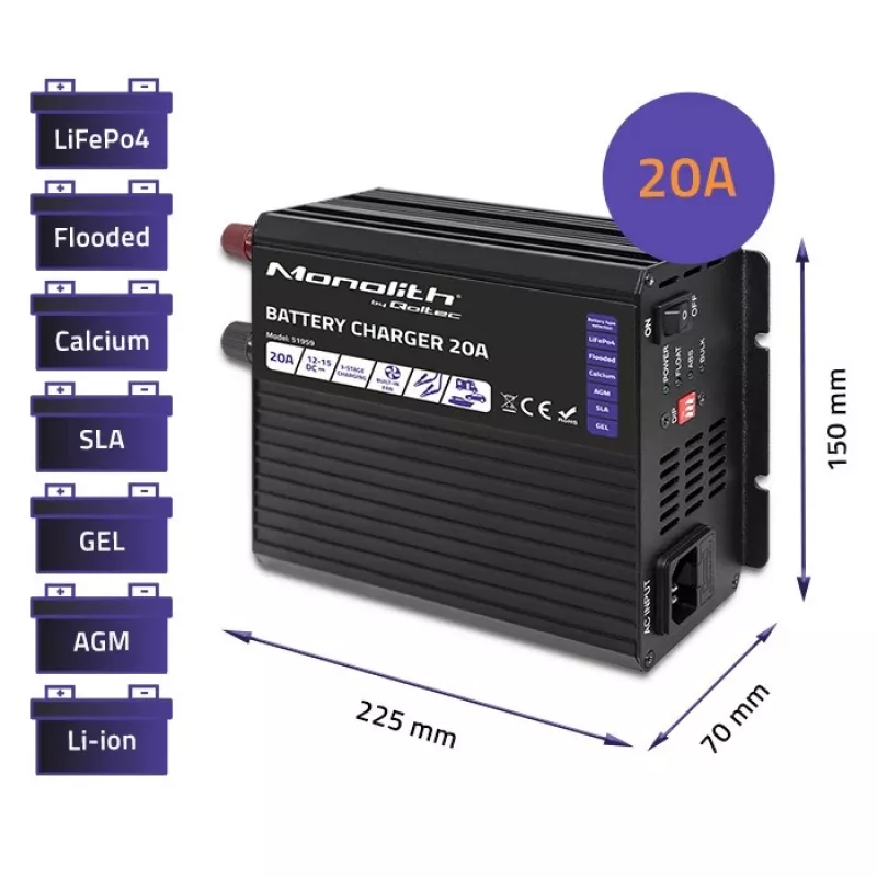 Kroviklis QOLTEC Monolith 20A 12V LiFePO4, AGM, GEL, SLA akumuliatoriams