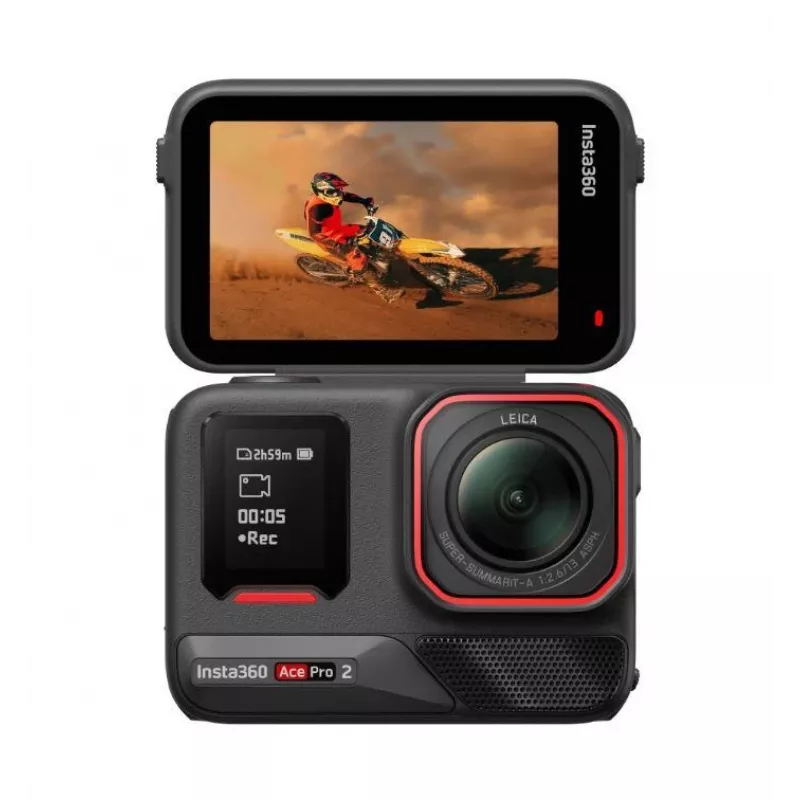 Veiksmo kamera Insta360 Ace Pro 2 – 50 MP, 8K itin didelė raiška (7680×3272), 1/1,3 colio sensorius, iki 240 kadrų/s, įmontuotas ekranas, Wi‑Fi, MicroSD, 177,7 g, Juoda