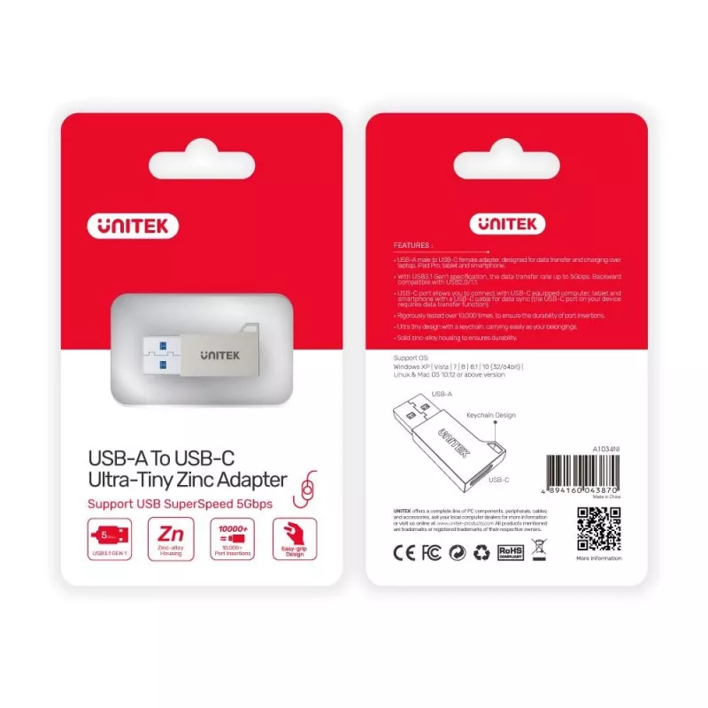 Unitek A1034NI adapteris iš USB-A kištuko į USB-C lizdą, USB 3.1 Gen1, sidabrinis