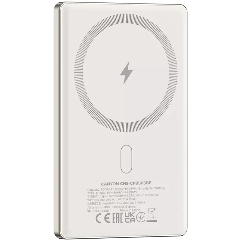 Canyon OnPower 505 – Powerbankas 5000 mAh, USB-C PD 20W, belaidis magnetinis įkrovimas