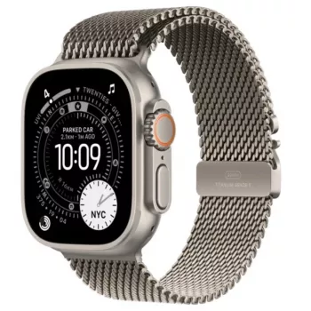 Išmanusis laikrodis Apple Watch Ultra 3 GPS + Cellular 49mm Natūralaus titano korpusas su natūralaus titano „Milanese“ apyranke — 64GB, OLED, 422×514, atsparus vandeniui 100m, didelis