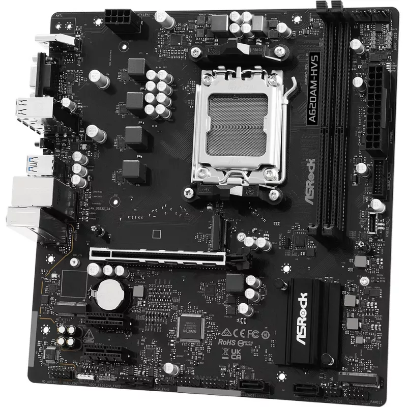 Motininė plokštė ASRock A620AM-HVS Micro ATX — AMD A620A mikroschemų rinkinys, lizdas AM5, DDR5, 2 DIMM, iki 128 GB, HDMI 2.1, M.2 2280