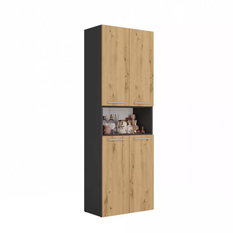Vonios spintelė Top e Shop NEL 2K DK ANT/ART KP Graphite/Oak, laisvai pastatoma, 600×300×1740 mm, 3 lentynos