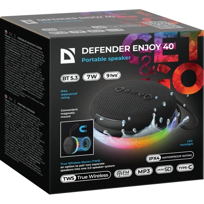 Nešiojamas Bluetooth garsiakalbis DEFENDER ENJOY 40 — 7 W RMS, Bluetooth 5.3, LED apšvietimas, LiPo baterija, 9 h, juodas