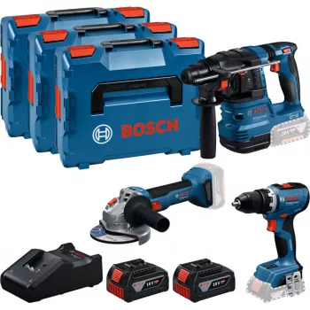 Profesionalus Bosch įrankių rinkinys GBH 18V-22 + GSR 18V-65 + GWS 18V-8, mėlynas, 2x Li-Ion akumuliatorius 5,0 Ah, 3 L-BOXX dėžėse