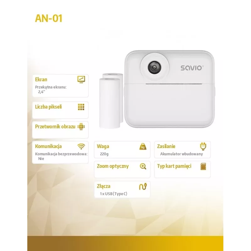 Momentinė spausdinimo kamera SAVIO AN-01 vaikams, balta, 2,4 colio LCD, MicroSDHC iki 32 GB, USB-C, 1200 mAh baterija