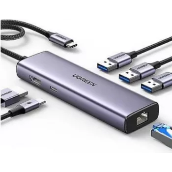 Ugreen 15598 USB 3.2 Gen 1 Type-C centrinė jungtis su HDMI, RJ-45, USB 3.0, sidabrinė