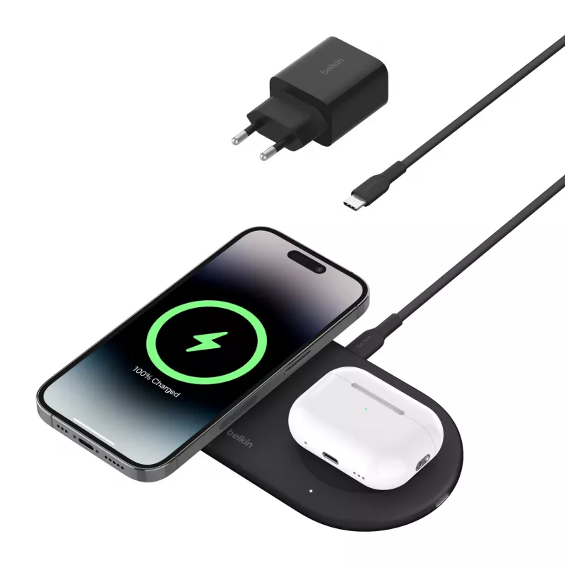 Belkin WIZ021VFBK – 2-in-1 belaidžio įkrovimo padėklas su Qi2 technologija 15 W, juodos spalvos