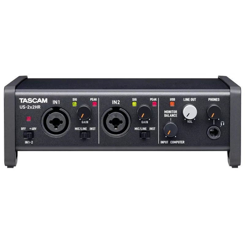 Garso sąsaja Tascam US-2X2HR, 2 x XLR/combo įėjimai, 192 kHz, USB 2.0, MIDI In/Out, stalinė, juoda