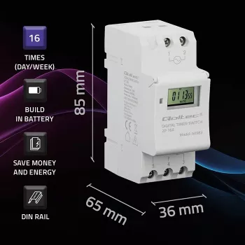 Elektroninis DIN bėgio laikmatis QOLTEC 50983, maitinamas baterija, automatikos grandinėms