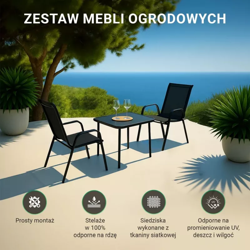 Sodo baldų komplektas Extralink Black Forest du tekstiliniai krėslai + juodas stalas
