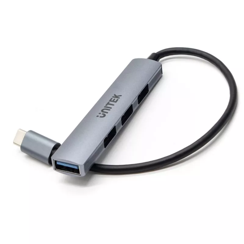 USB-C stotelė Unitek H1208B – 1x USB-A 5 Gbps, 3x USB-A 2.0, USB-C jungtis, aliumininis korpusas, 0,20 m laidas