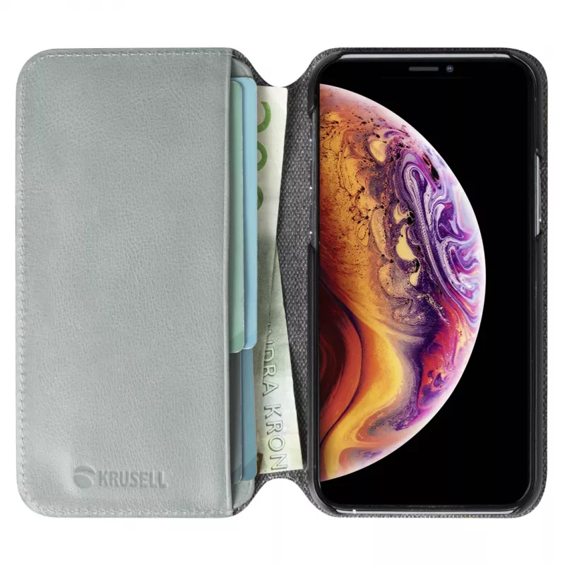 Dėklas-piniginė Krusell Sunne, Apple iPhone 11 Pro, senovinė pilka, odinis užlenkiamas dėklas su kortelių kišene