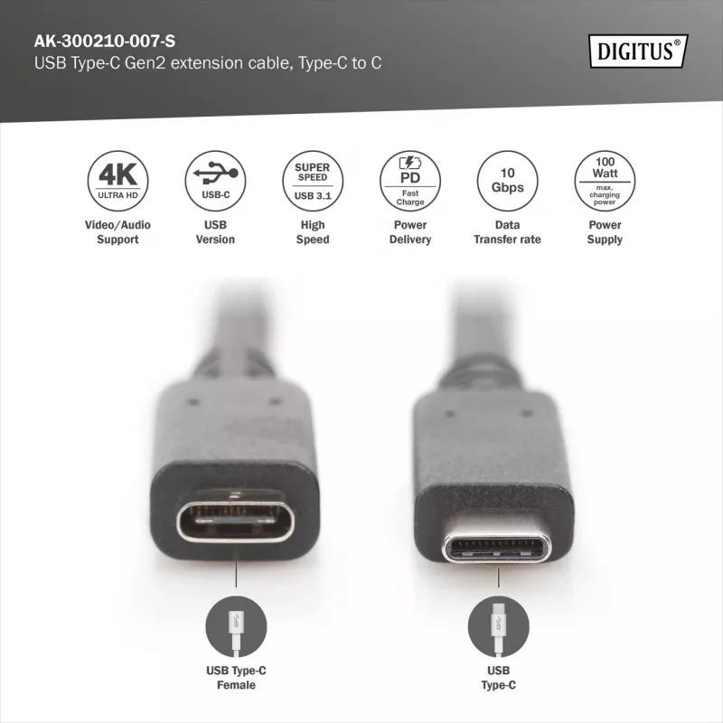 USB tipo C ilginamasis kabelis Digitus AK-300210-007-S 0,7 m