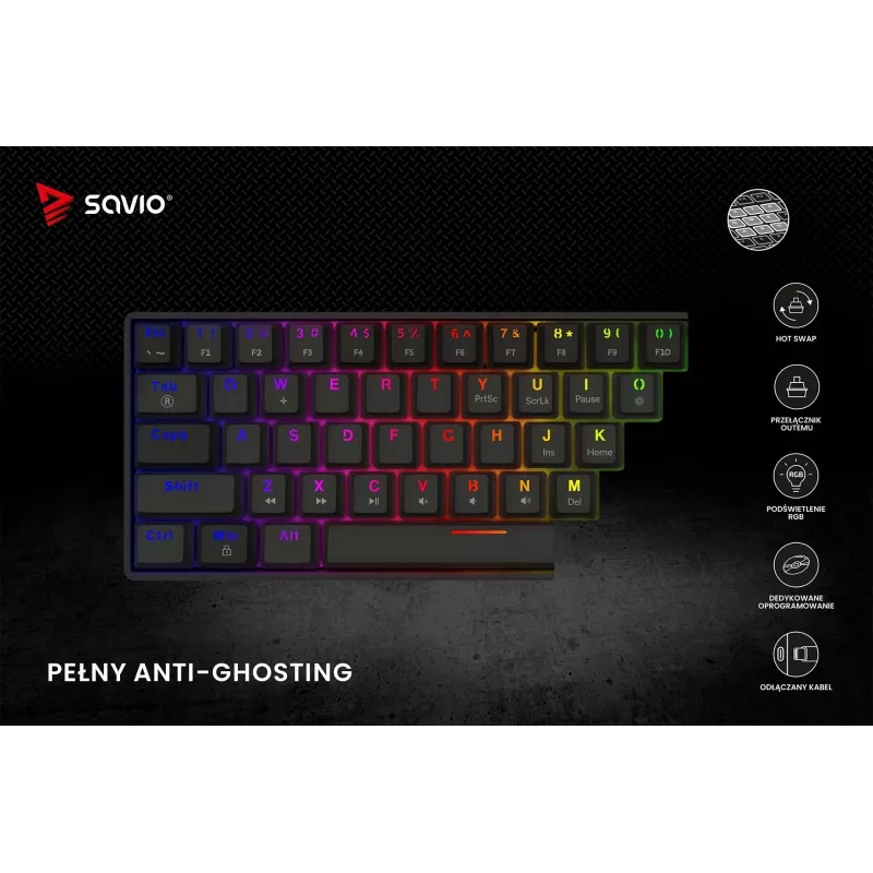Mechaninė žaidimų klaviatūra SAVIO BLACKOUT X2 PEACH — 61 klavišas 60% QWERTY, RGB LED, hot-swap, USB Type-A/Type-C, atjungiamas laidas