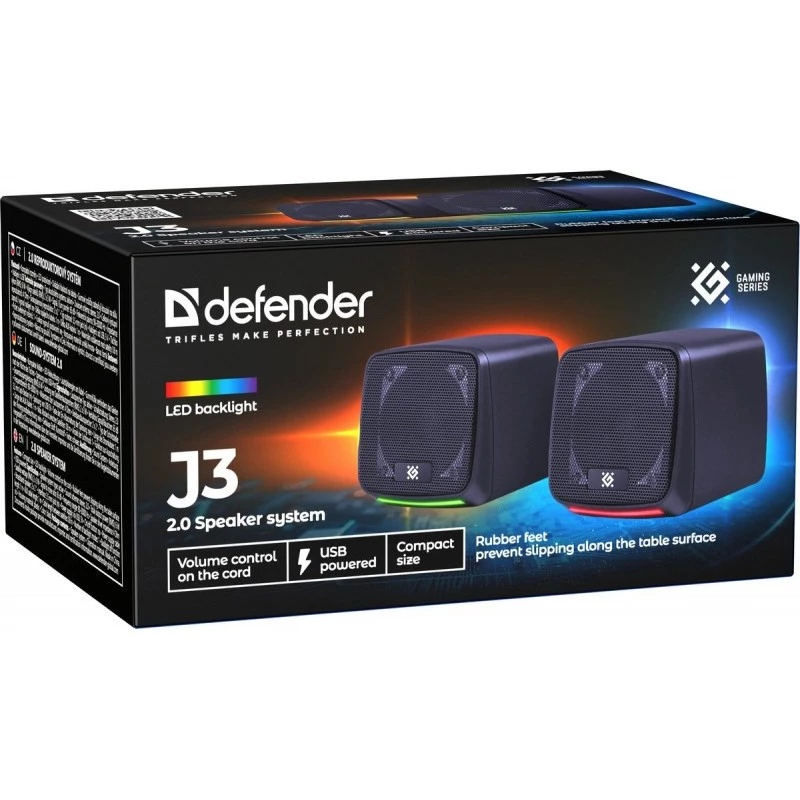 Garsiakalbiai PC DEFENDER J3 2.0 6W LED USB, 2×3W RMS, 90–20000 Hz, 3.5 mm, juodi