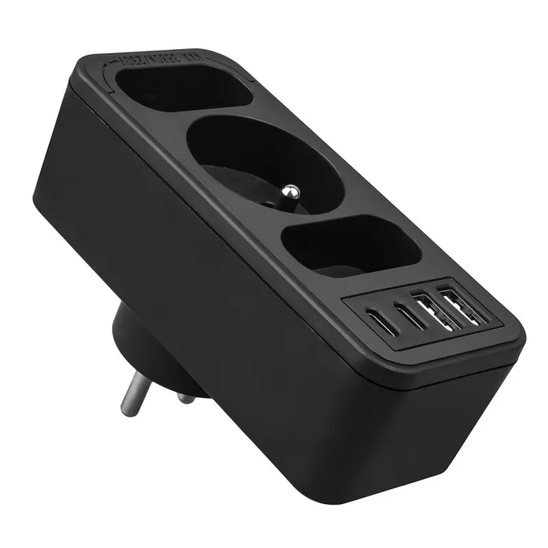 Maitinimo skirstytuvas MACLEAN MCE248 F/B – 3 AC lizdai (1x16A, 2x6A) ir 4 USB prievadai (2xUSB‑A, 2xUSB‑C PD 20W), EU kištukas, juodas
