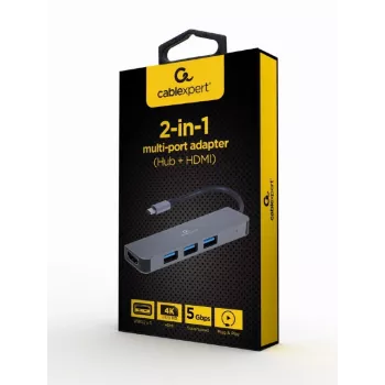 USB-C dokas nešiojamam kompiuteriui GEMBIRD A-CM-COMBO2-01 — USB 3.2 Gen 1 Type-C, 3× USB-A, 1× HDMI, pilka