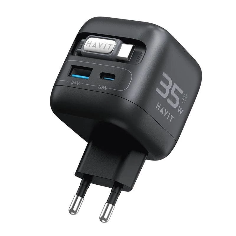 GaN kelioninis įkroviklis Havit UC250 A-EU 20V 1xUSB-C 0,7m juodas