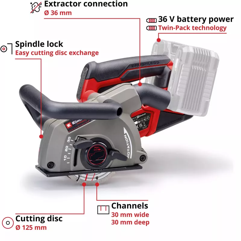 Sieninis griovimo pjūklas EINHELL TP-MA 36/30 Li BL-Solo 36 V, bešepetėlis variklis, modelis 4350800