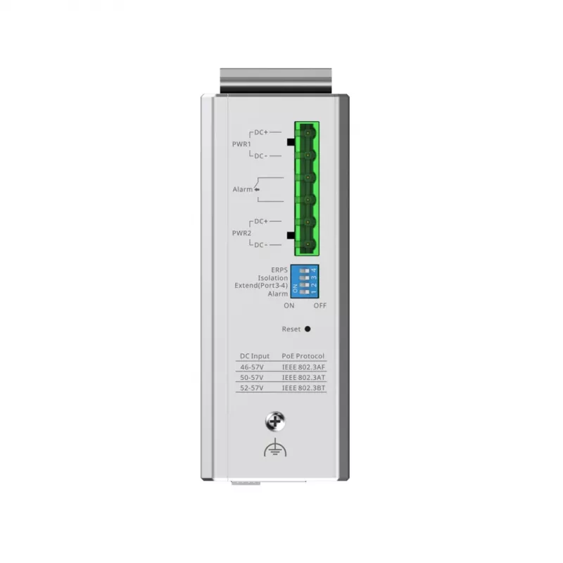 Valdomas L2 tinklo jungiklis RUIJIE RG-NIS2100-4GT2SFP-HP — 4× Gigabit RJ45, 2× SFP, PoE++ (180 W), montuojamas ant stovo, sienos ar DIN bėgio