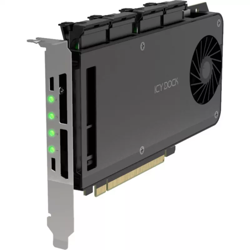 „Icy Dock MB204MP-1B“ – mobilaus stovo adapterio kortelė, 4 × M.2 NVMe SSD karštojo keitimo dėklas