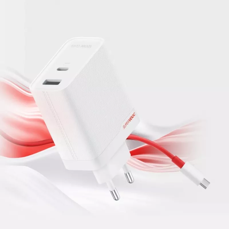 Maitinimo adapteris ONEPLUS SUPERVOOC 120W dviejų prievadų laidinis įkroviklis, 120W bendra galia, 1x USB-C + 1x USB-A, 100–240V, 145 g, baltas