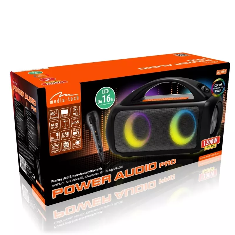 Nešiojamas garsiakalbis MEDIA-TECH MT3184 – Bluetooth 5.3, 60W RMS, IPX5, ličio jonų baterija 16h, USB-C įkrovimas, MicroSD, TWS, mikrofonas, nuotolinio valdymo pultas