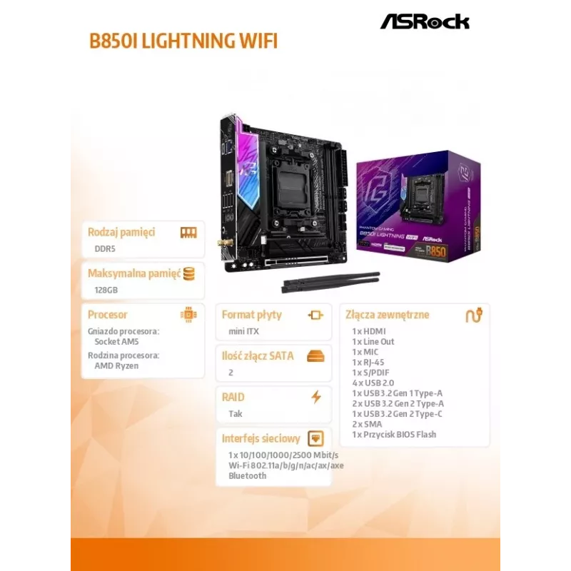 ASRock B850I Lightning WiFi AM5 Mini-ITX pagrindinė plokštė