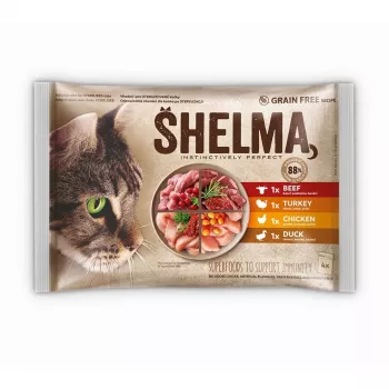 Šlapias kačių ėdalas SHELMA multipack 4×85 g – suaugusioms katėms, vištiena, kalakutiena, jautiena, antis, be grūdų