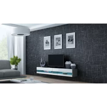 TV spintelė Cama Meble VIGO NEW 30/140/40 — 1400×400×300 mm, pilkas viršus, pilkas rėmas, balti blizgūs fasadai