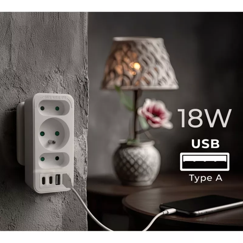 Maitinimo skirstytuvas MACLEAN MCE248 F/W – 3 kištukiniai lizdai (1×16A, 2×6A) + 4×USB (2×A, 2×C PD 20W), EU kištukas, baltas