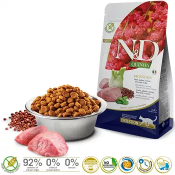 Sausas kačių ėdalas Farmina N&D Quinoa Adult Lamb 1.5 kg – ėriena, 33% baltymų, 21,5% riebalų, be glitimo ir sojos
