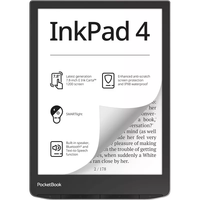 E. knygų skaityklė „PocketBook InkPad 4“ 7,8 colio E Ink Carta, 32 GB, „Wi‑Fi“, juoda/sidabrinė