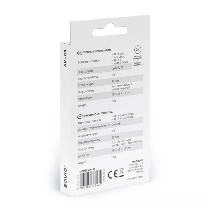 SAVIO AK-69 SATA į USB-C adapterio laidas, SATA moteriška į USB-C vyrišką, USB 3.2 Gen 1 (5 Gbit/s), 0,25 m, juoda