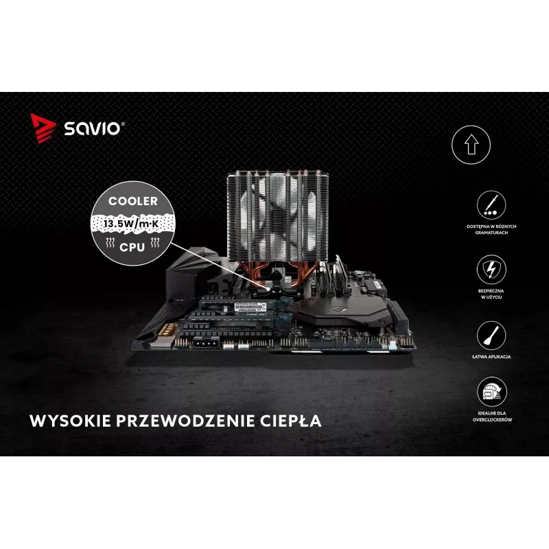 Šiluminė pasta SAVIO TG-03 1 g – 13,5 W/m·K, pilka, su aplikatoriumi ir mentele