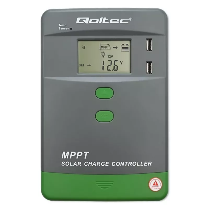 MPPT saulės baterijų įkrovimo valdiklis QOLTEC 10A 12V/24V su LCD ekranu
