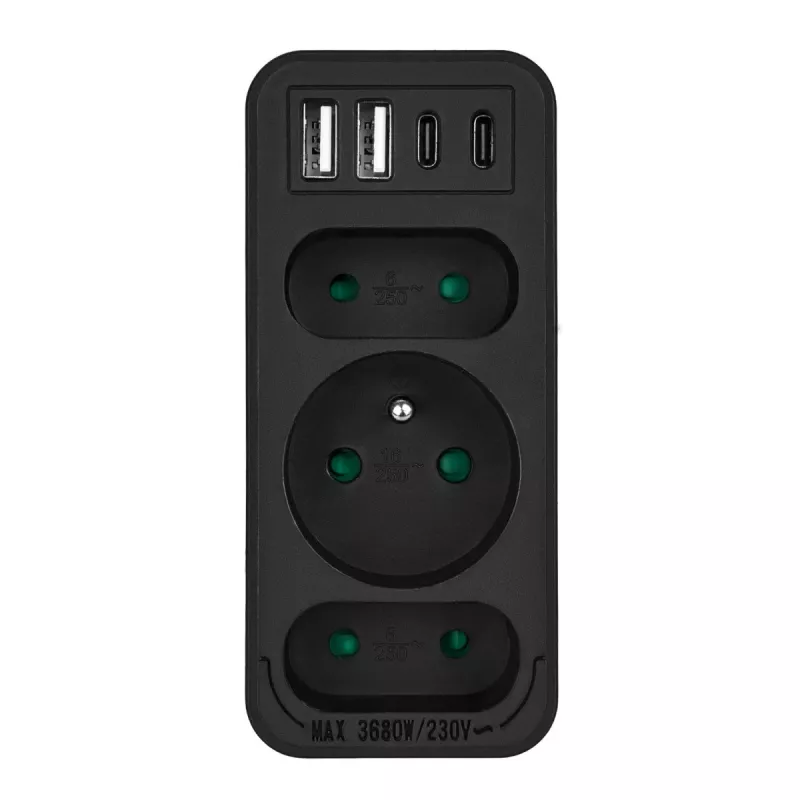 Maitinimo skirstytuvas MACLEAN MCE248 F/B – 3 AC lizdai (1x16A, 2x6A) ir 4 USB prievadai (2xUSB‑A, 2xUSB‑C PD 20W), EU kištukas, juodas