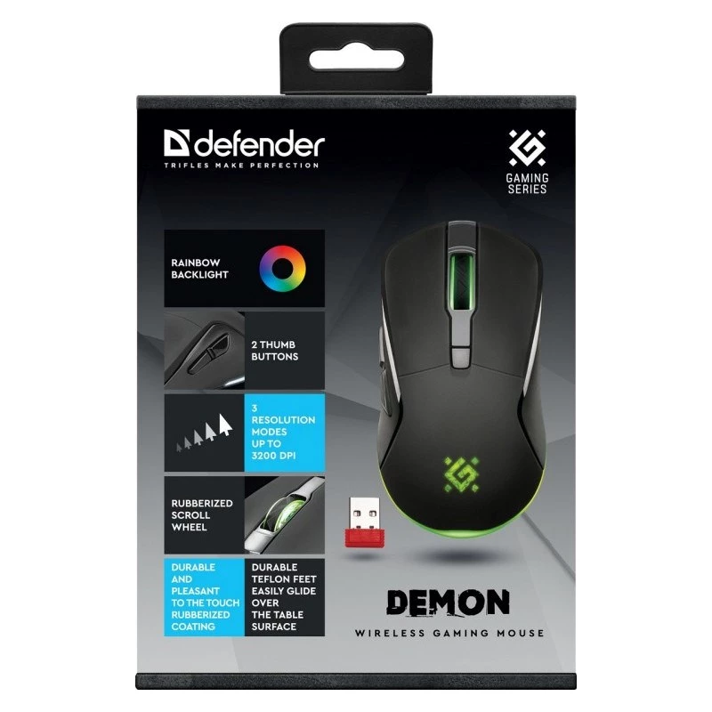 Belaidė žaidimų pelė DEFENDER Demon GM-534 RF, ambidekstrinė, 3200 DPI, 5 mygtukai, 2,4 GHz USB-A nano imtuvas