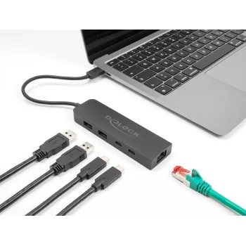 USB šakotuvas DeLOCK 10 Gbps su 2.5 Gigabit LAN ir PD 85 W